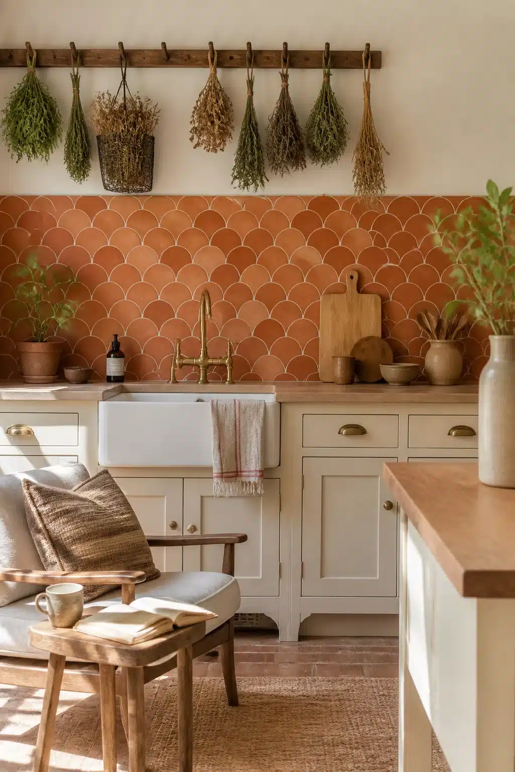 Fish-scale terracotta kitchen backsplash tiles with cream shaker cabinets and brass faucet — terracotta kitchen backsplash idea.