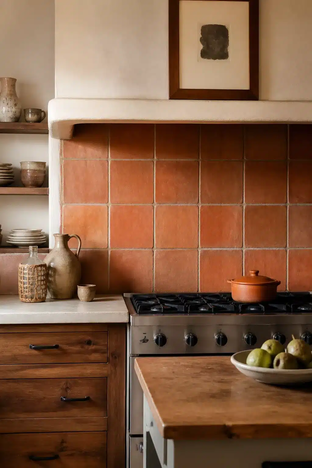Large terracotta square tile kitchen backsplash with wide grout lines, plaster hood, and wood cabinets — terracotta kitchen backsplash idea.