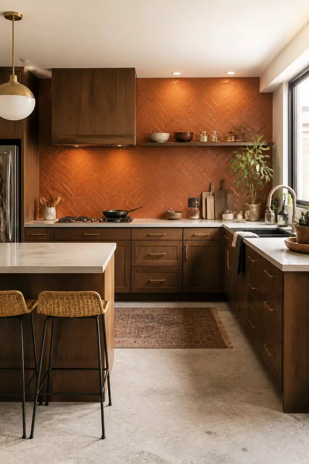 Terracotta kitchen backsplash in a chevron pattern with walnut cabinets and brass hardware