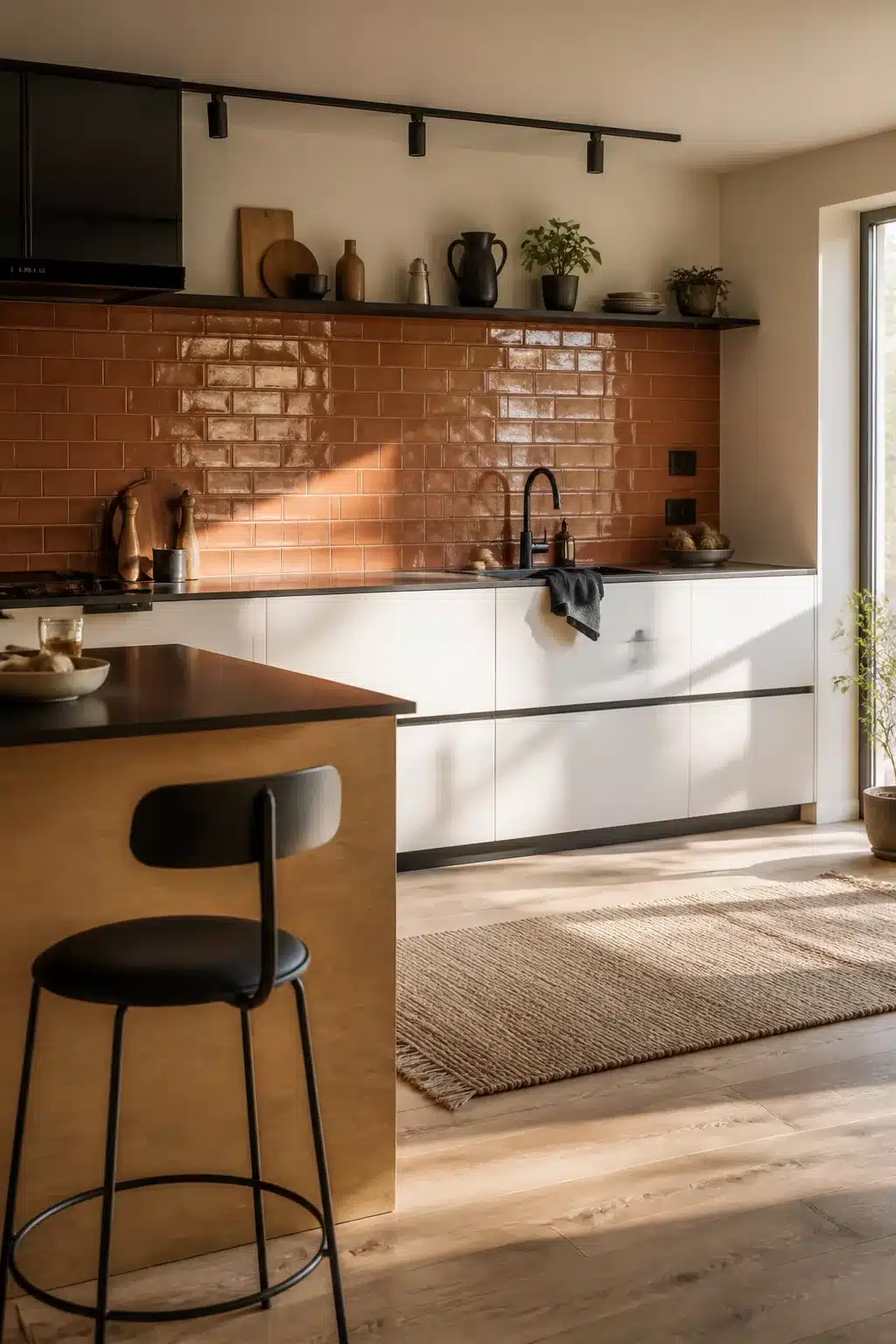 Glossy terracotta metro tile kitchen backsplash with white handleless cabinets and black accents — terracotta kitchen backsplash idea
