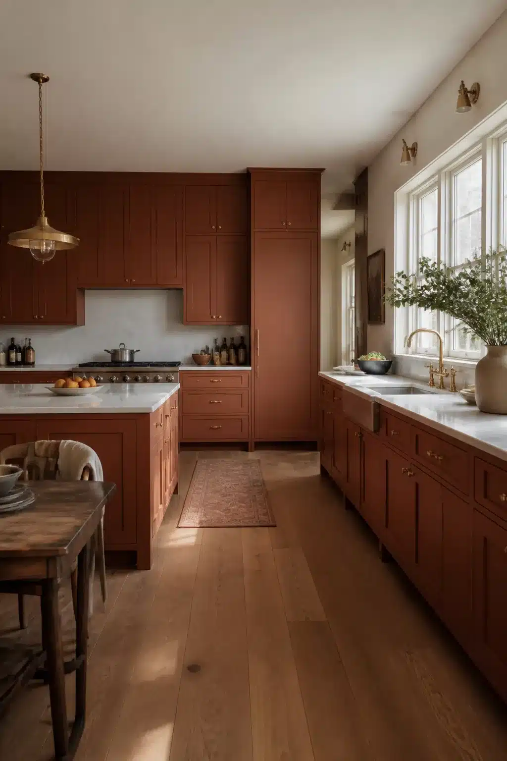Floor-to-ceiling terracotta kitchen cabinets in a Shaker style with marble countertops and brass hardware.