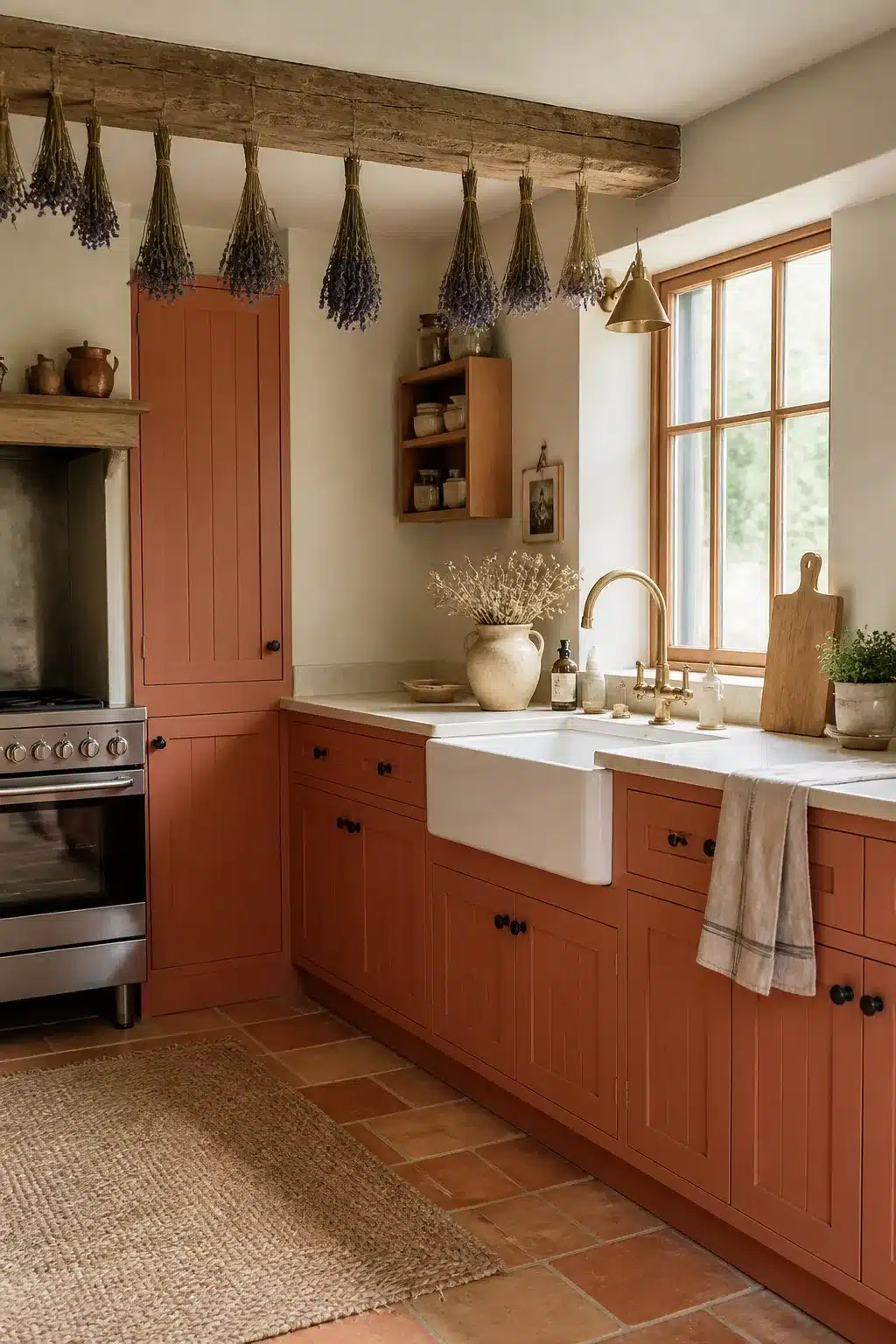 Terracotta kitchen cabinets with farmhouse sink, dried lavender bundles on a rustic wood beam, and brass fixtures.