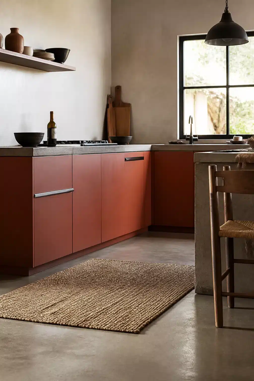 Terracotta kitchen cabinets with gray concrete countertops, jute rug, and black pendant light in a minimal kitchen