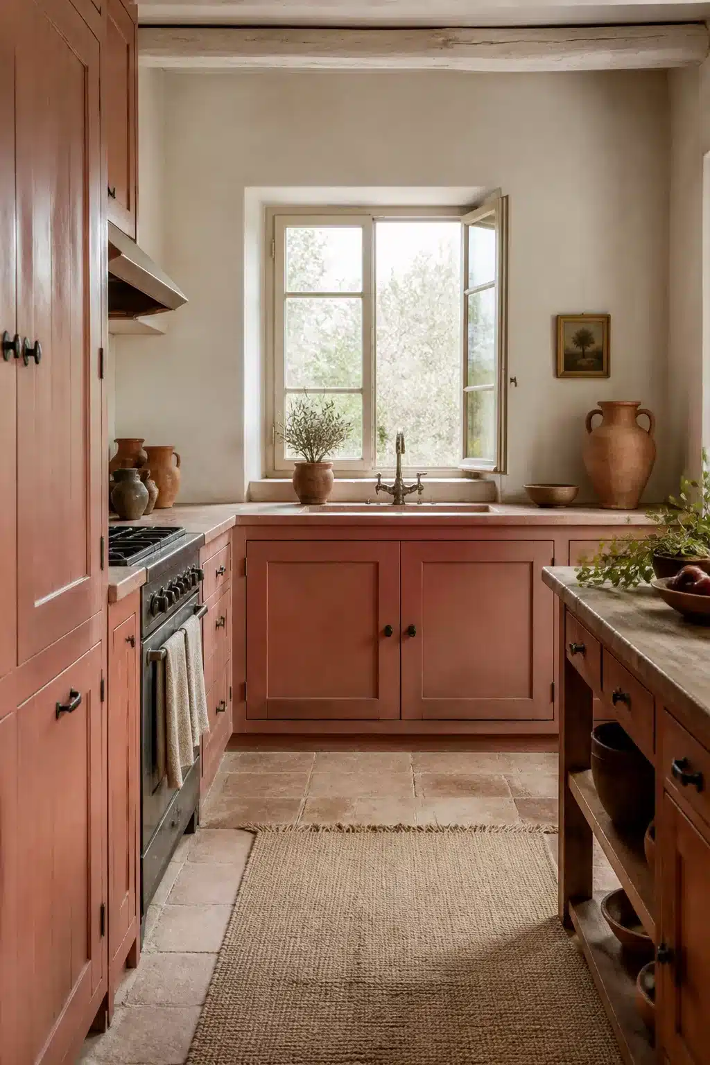 Soft washed terracotta kitchen cabinets with limewash plaster walls and antique stone tile floor