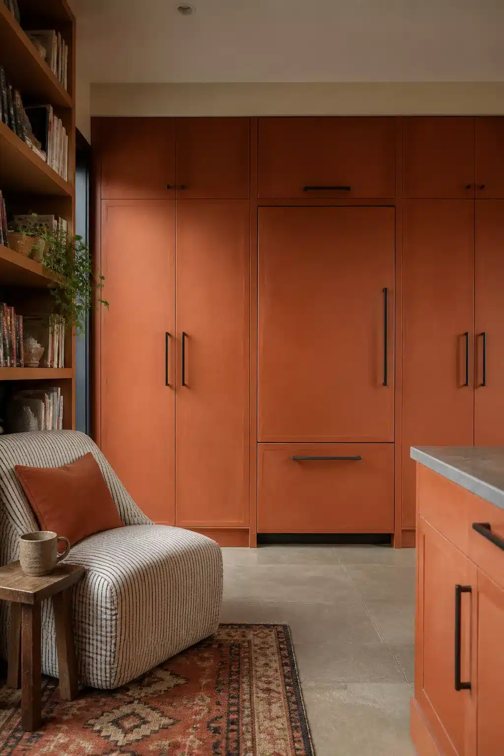 Floor-to-ceiling terracotta kitchen cabinets with matte black pulls and integrated panel refrigerator