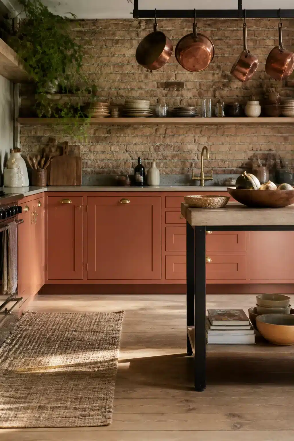 Terracotta kitchen cabinets with exposed brick wall, hanging copper pans, brass hardware, and gray countertops.