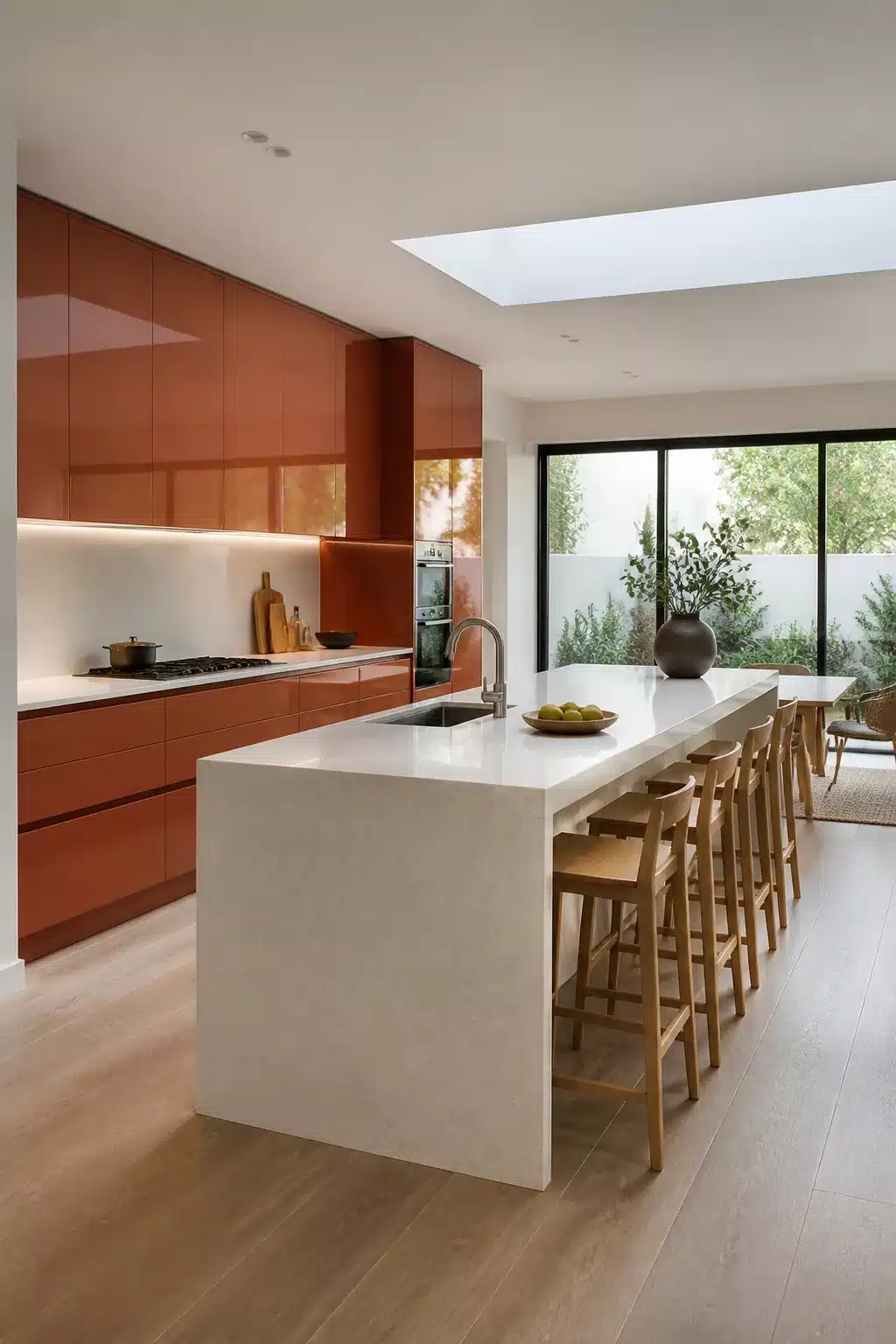 High-gloss terracotta kitchen cabinets with a white stone island, skylight, and wood stools in a modern kitchen