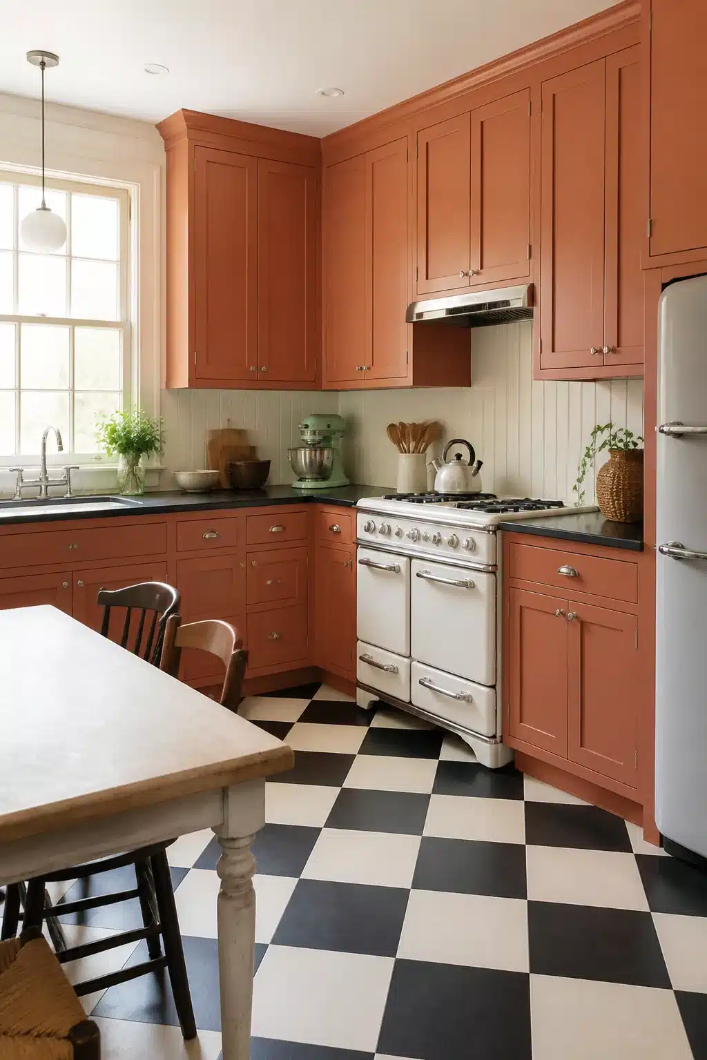 Terracotta kitchen cabinets with black and white checkered floor, vintage white range, and dark countertops.