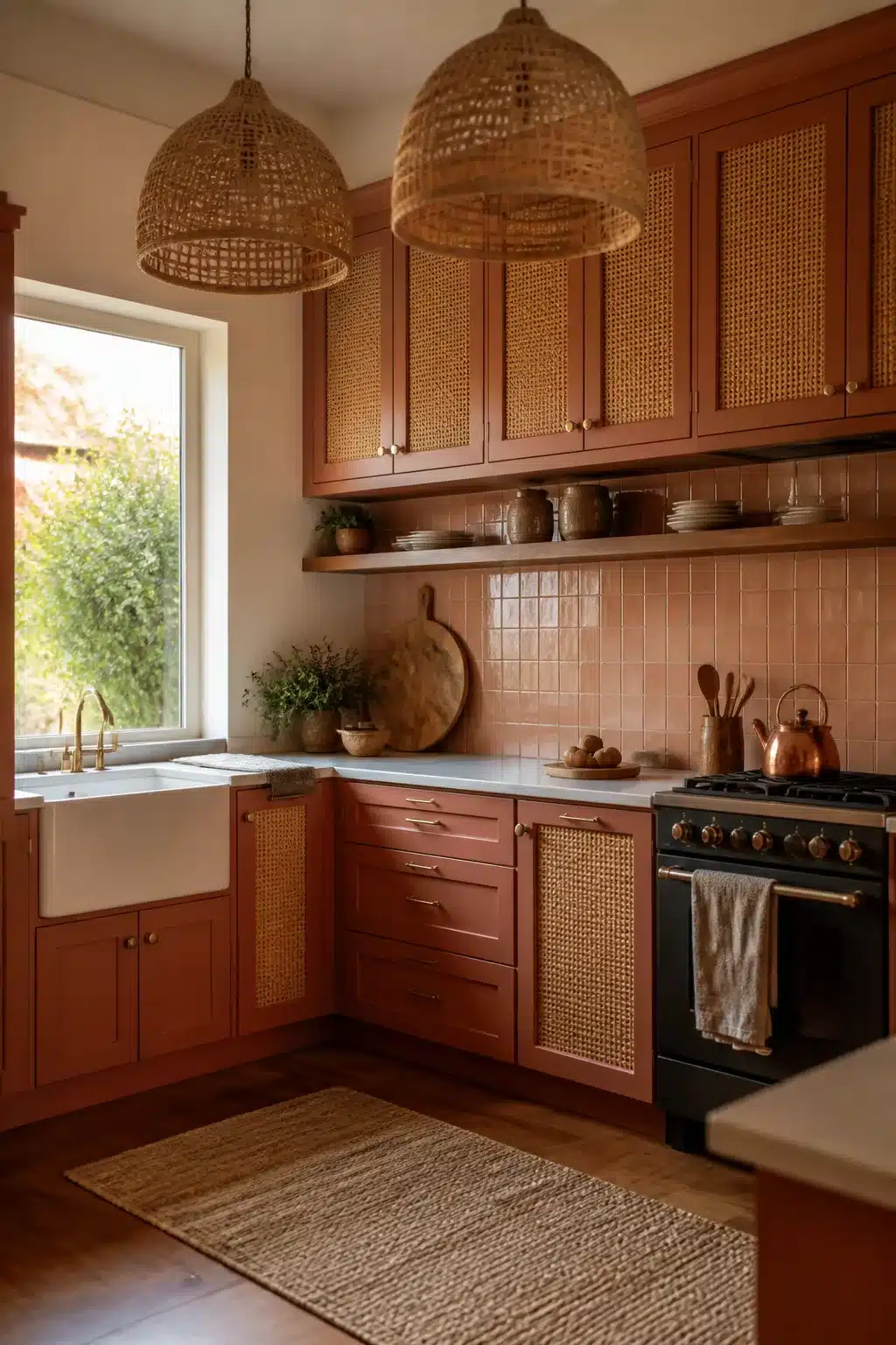 Terracotta kitchen cabinets with cane inset panels, square tile backsplash, farmhouse sink, and rattan pendants