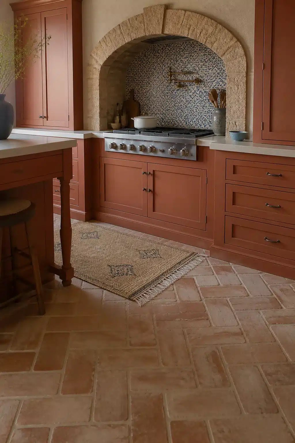 Terracotta kitchen cabinets with a stone arch alcove, patterned tile backsplash, and terracotta brick floor tiles.