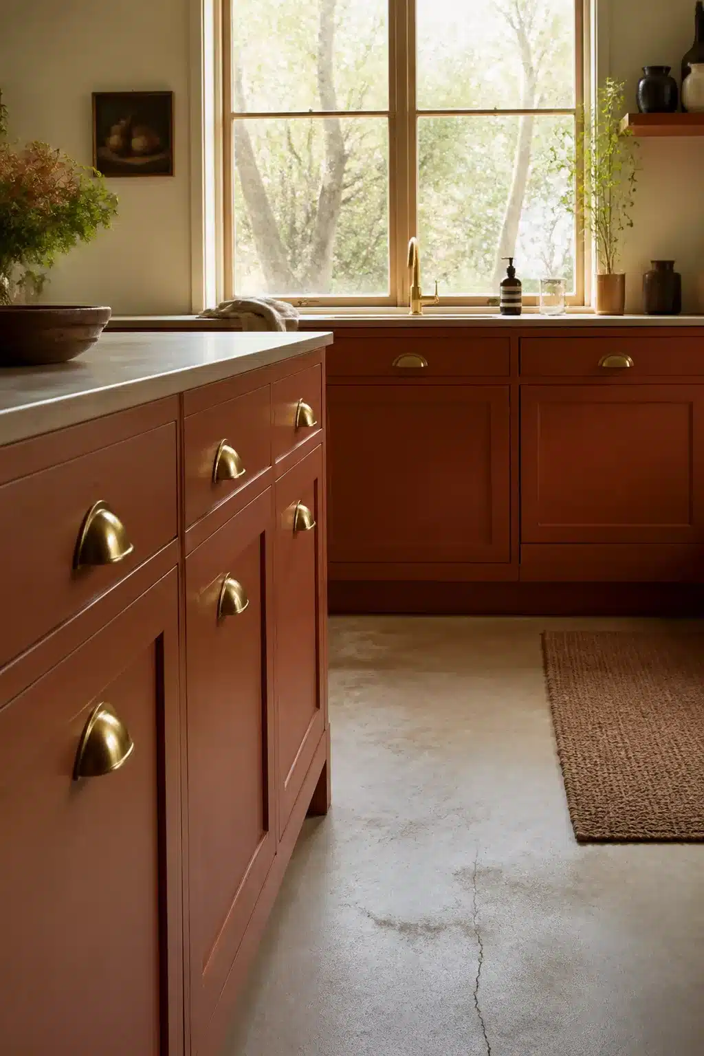 Terracotta kitchen cabinets with brushed gold cup pulls, concrete floors, and a jute runner in a warm kitchen