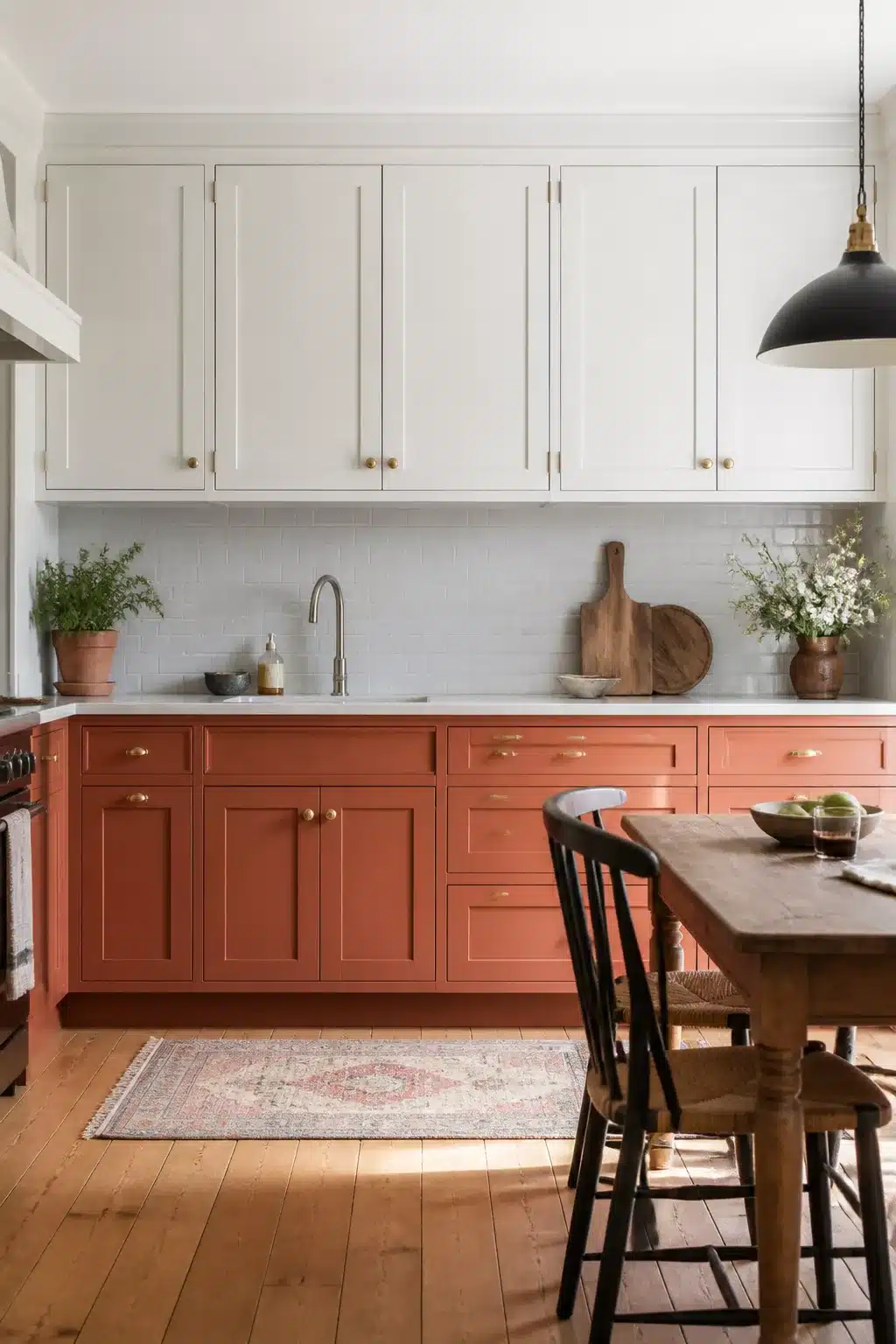 Terracotta lower kitchen cabinets paired with white upper cabinets, brass hardware, and warm wood floors.