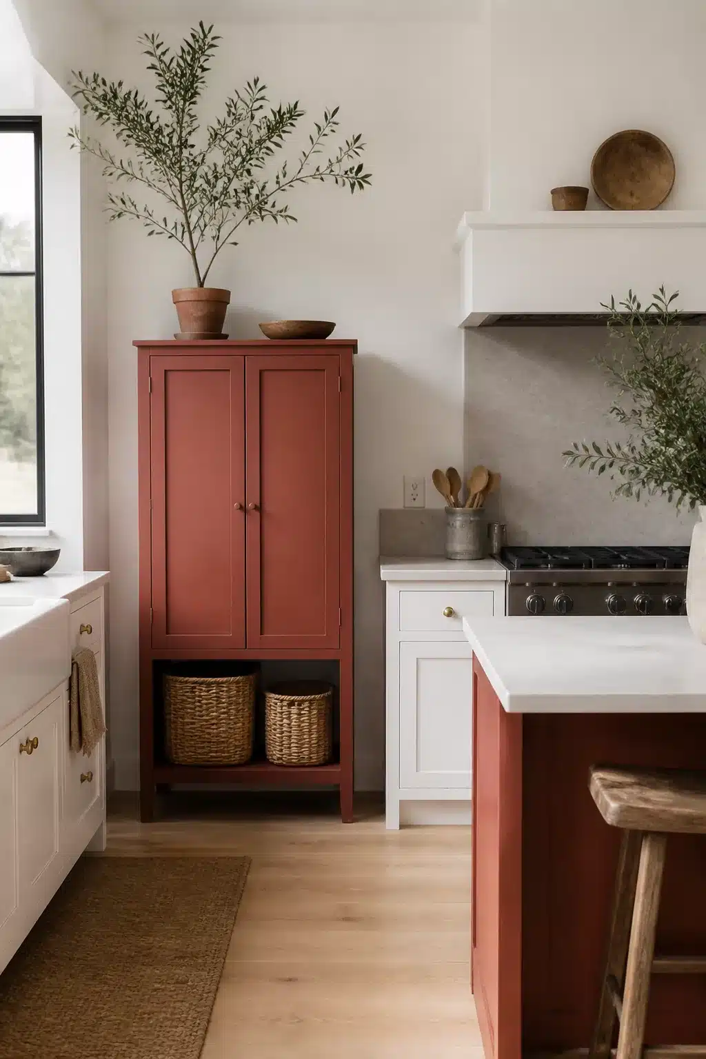 Freestanding terracotta kitchen cabinet with woven baskets and olive tree in a white neutral kitchen