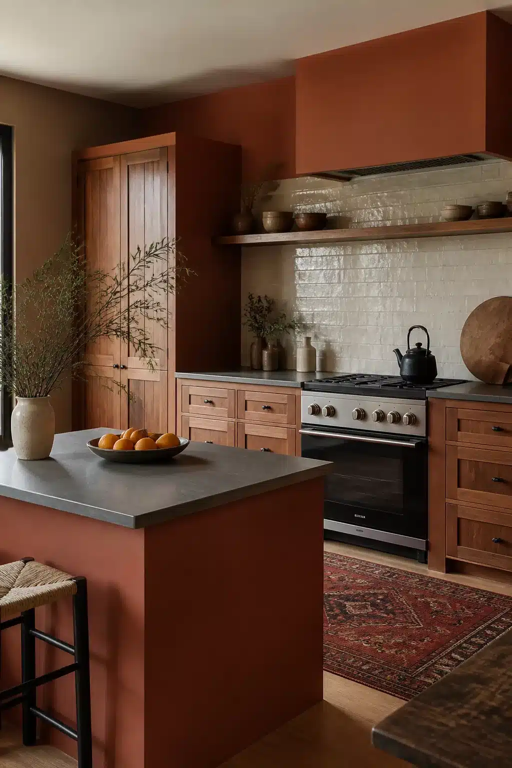 Terracotta kitchen cabinets in walnut wood with handmade tile backsplash, concrete counters, and a vintage rug