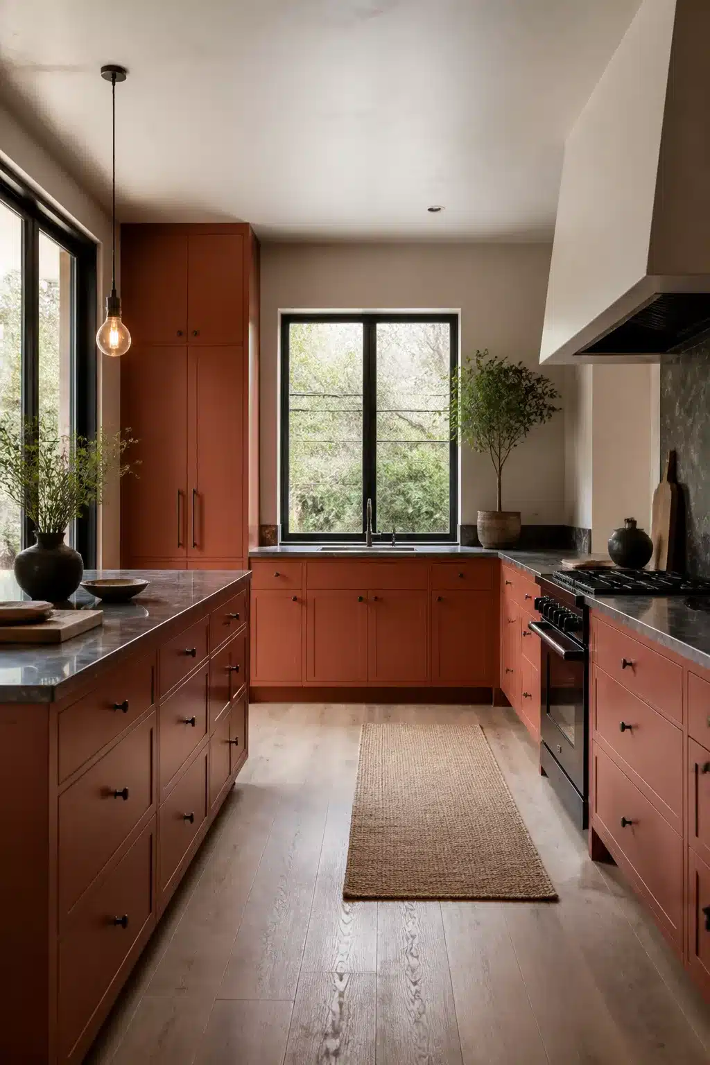 Dark terracotta kitchen cabinets with black steel window frames, gray stone countertops, and a jute runner on light wood floors.
