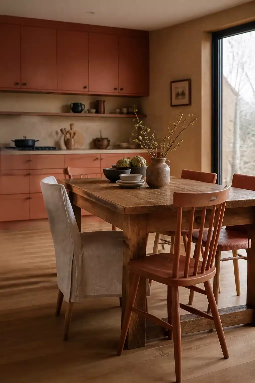 Terracotta kitchen cabinets in an open-plan space with a reclaimed wood dining table and mixed chairs