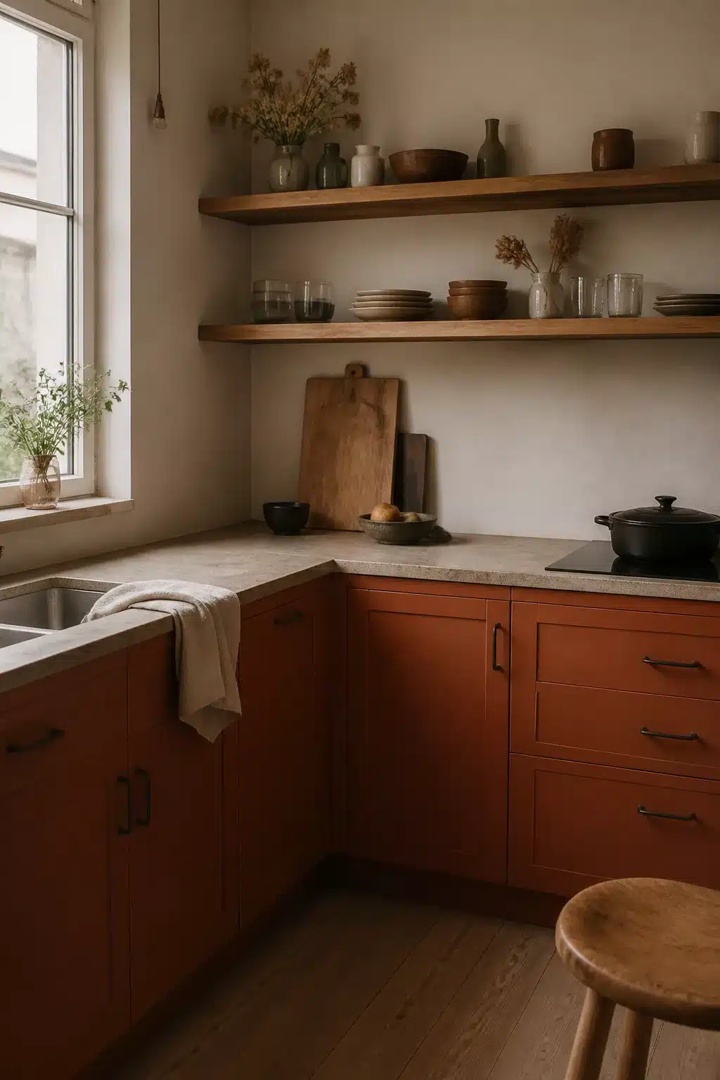 Terracotta kitchen cabinets with warm oak open shelving, stone countertops, and earthy ceramics in a cozy kitchen