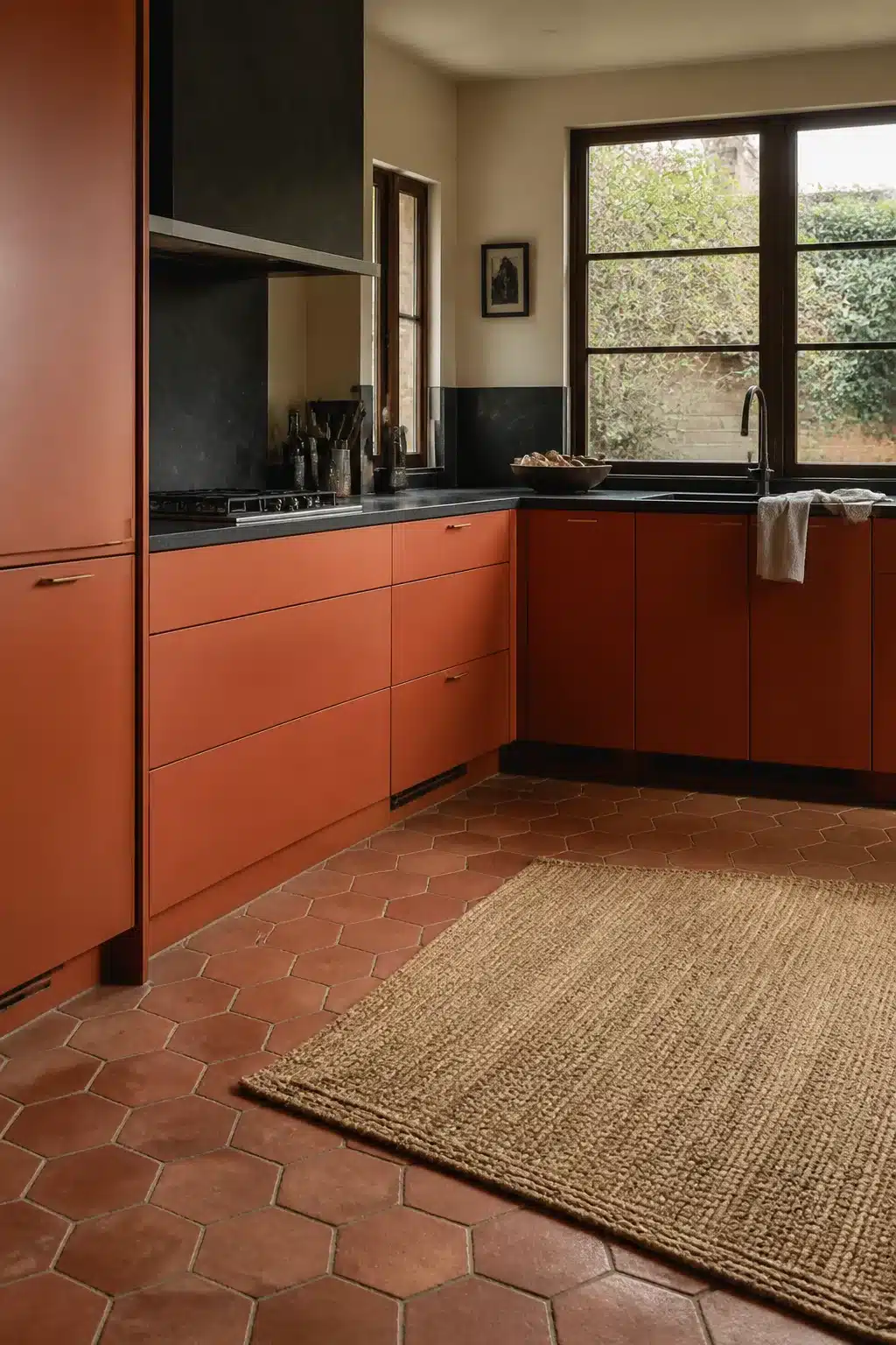 Matte terracotta kitchen cabinets with black slate counters, hexagon tile floor, and brass pulls