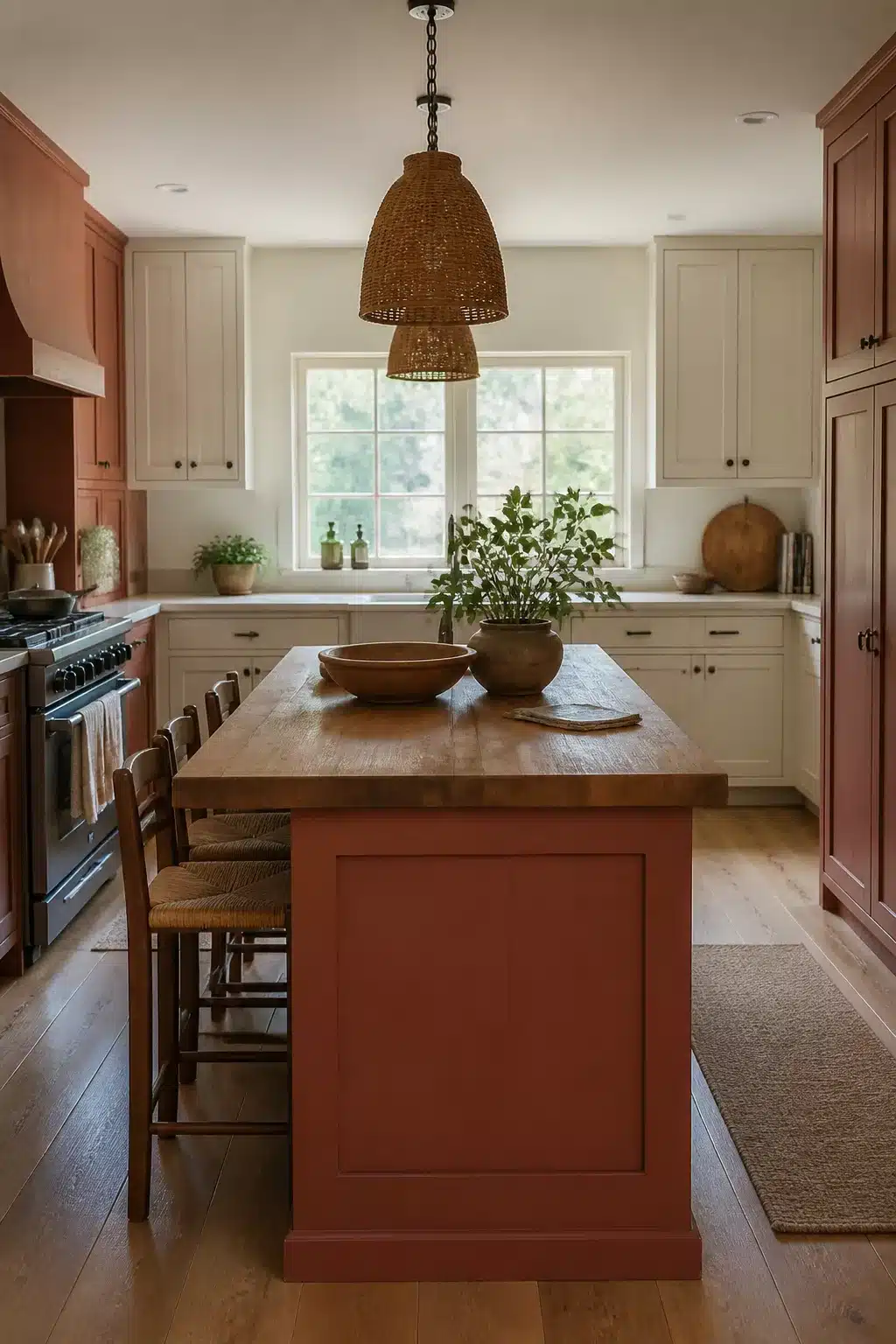 Terracotta kitchen cabinets with a butcher block island, wicker pendants, and cream shaker uppers