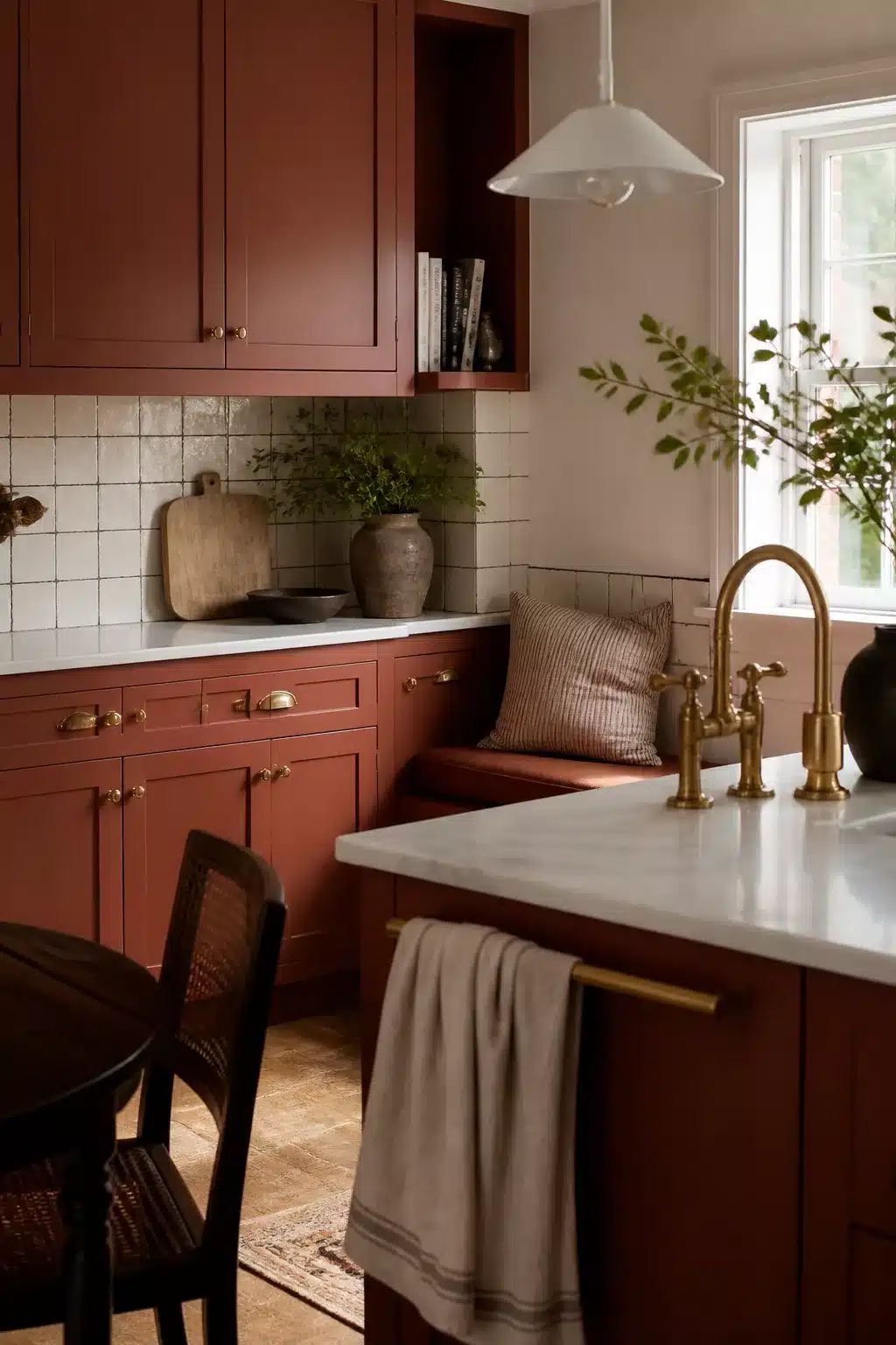 Deep rust terracotta kitchen cabinets with dark grout zellige tile backsplash and brass bridge faucet