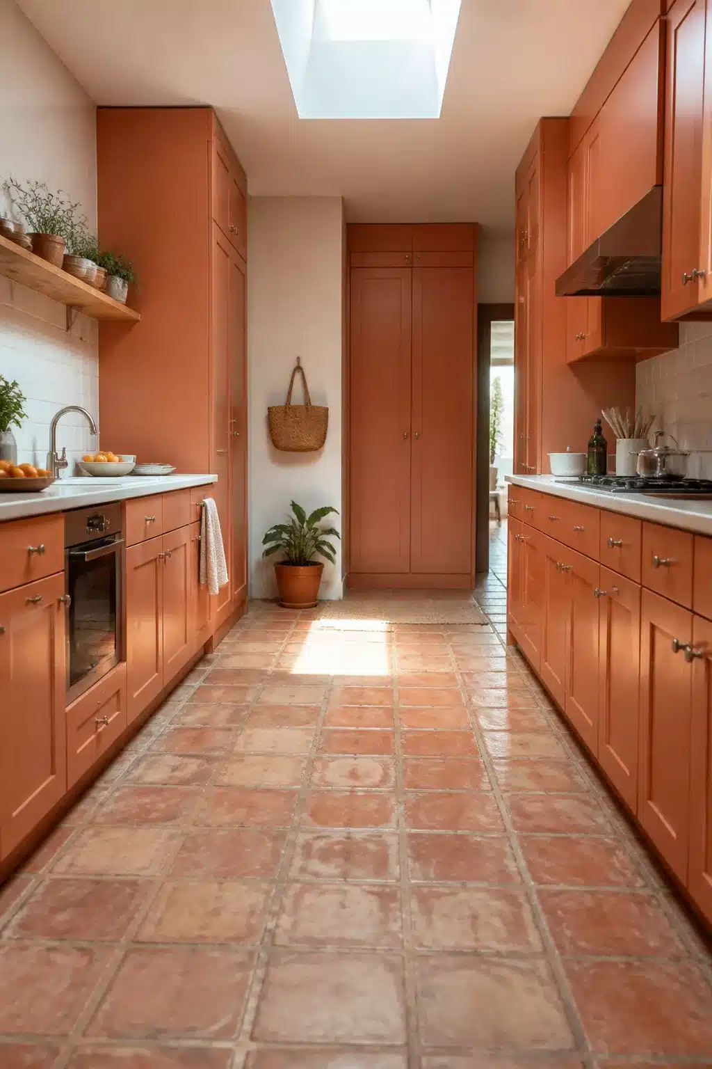 Terracotta kitchen cabinets lining a galley layout with matching terracotta floor tiles and a skylight above.
