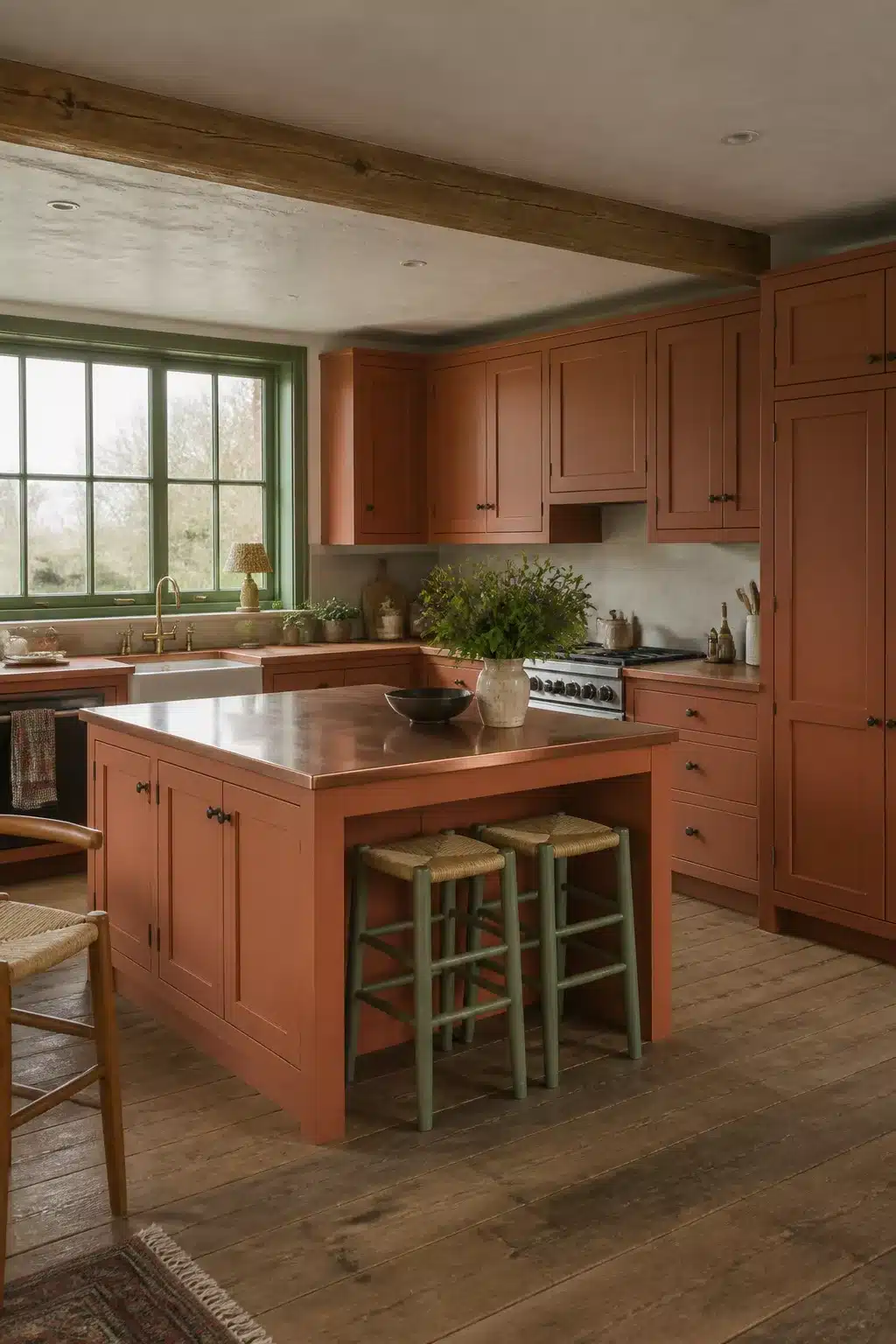 Terracotta kitchen cabinets with a copper island countertop, sage green stools, and oak ceiling beams