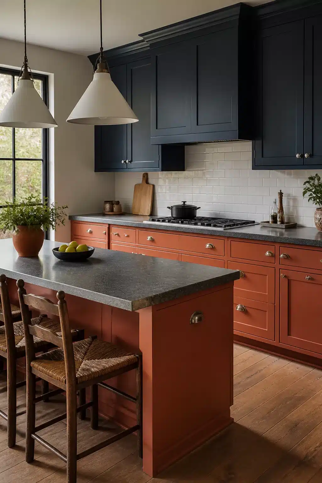 Terracotta kitchen cabinets with navy upper cabinets, honed gray stone counters, and cream subway tile backsplash.