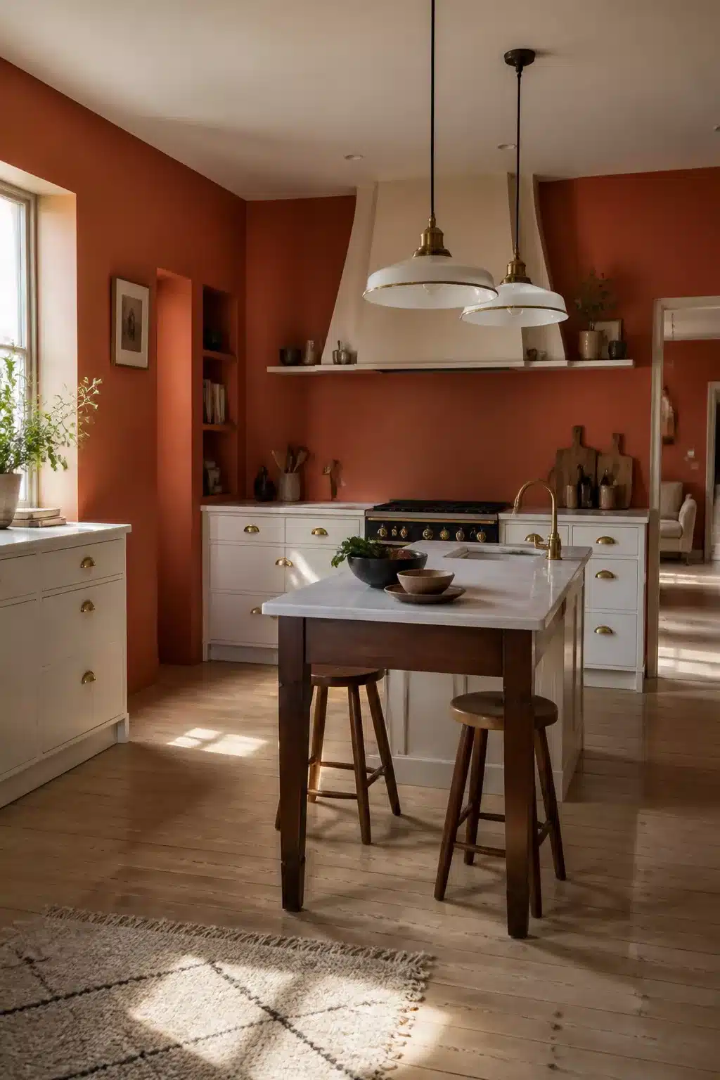 Terracotta kitchen walls with white shaker cabinets, brass hardware, and a marble-top island in a bright, warm kitchen.