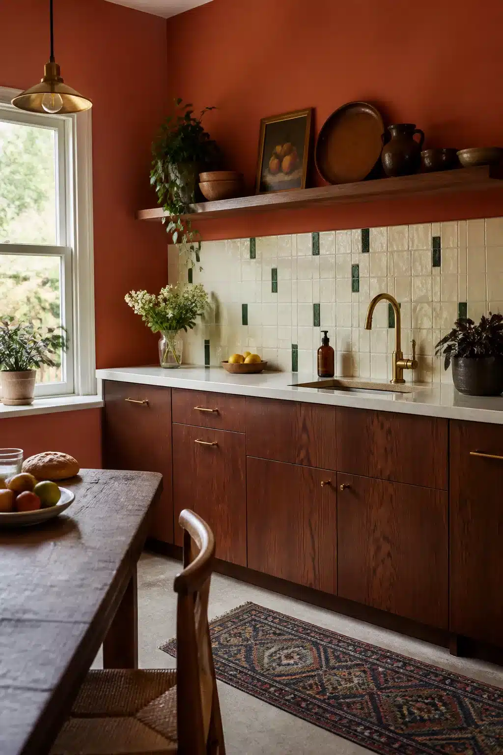 Terracotta kitchen walls with cream and green zellige tile backsplash, dark wood cabinets, and brass fixtures.