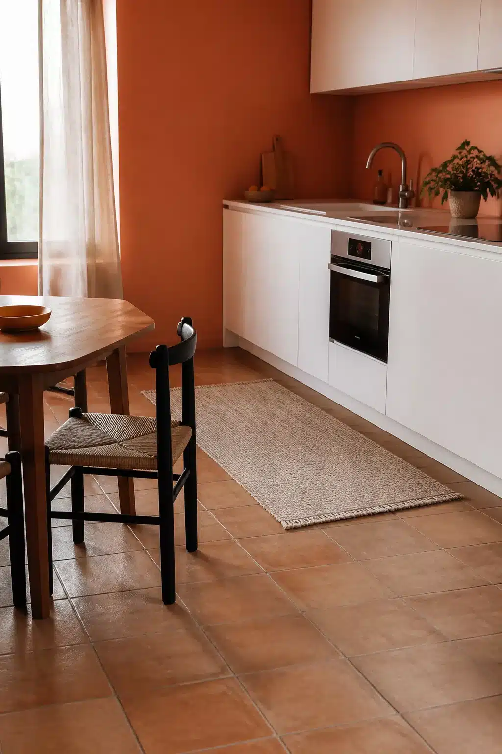 Bright apricot terracotta kitchen walls with white flat-front cabinets and terracotta floor tiles in a small kitchen.
