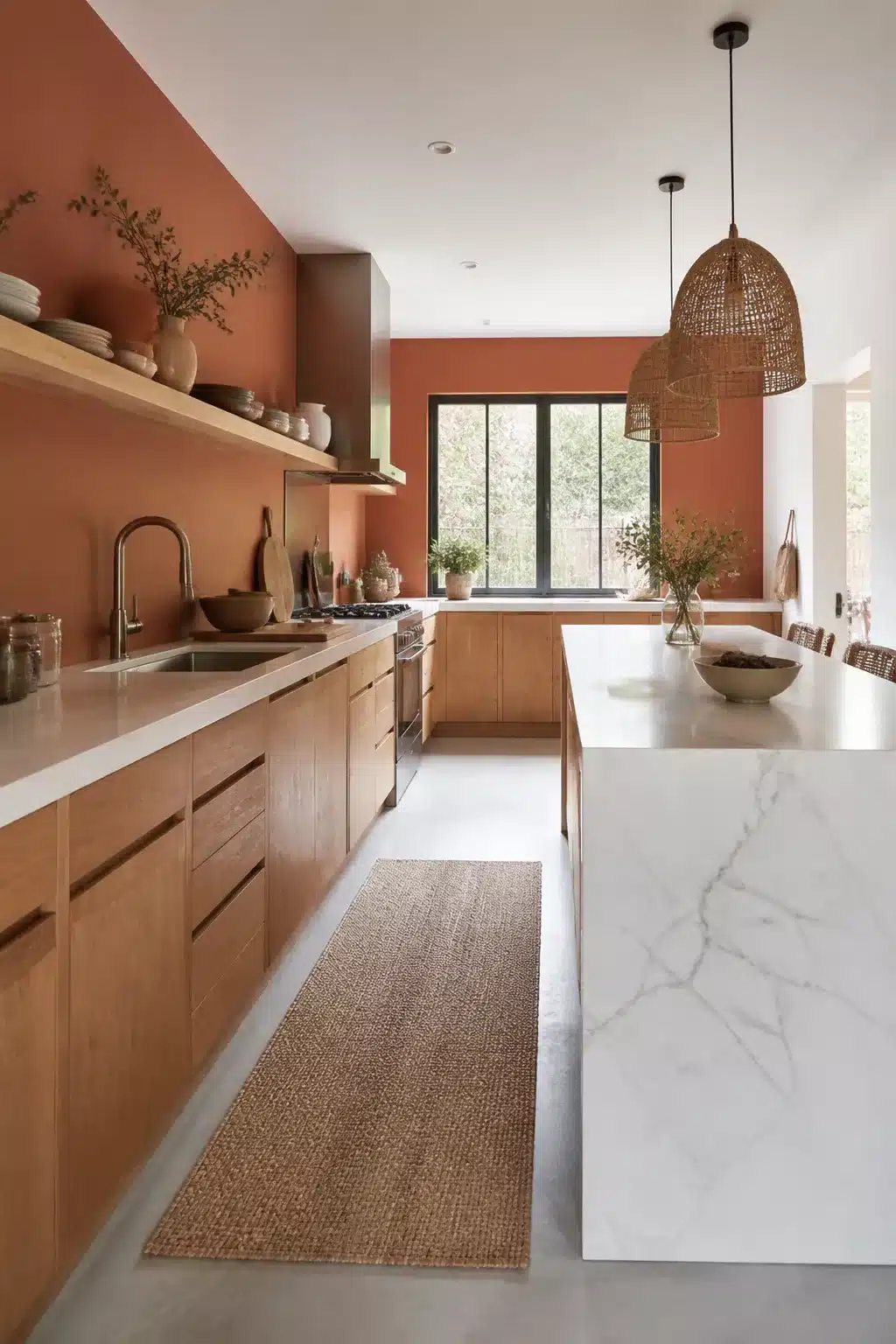 Terracotta kitchen walls with oak cabinets, marble island, and rattan pendant lights in a modern kitchen