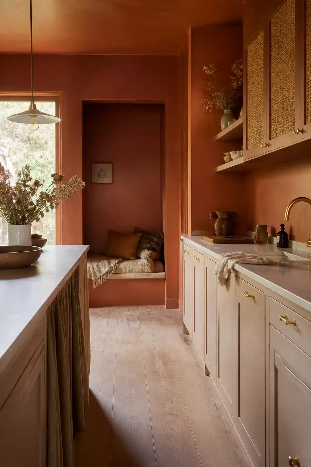 Terracotta kitchen walls with cream shaker cabinets, rattan upper cabinet fronts, and brass hardware.