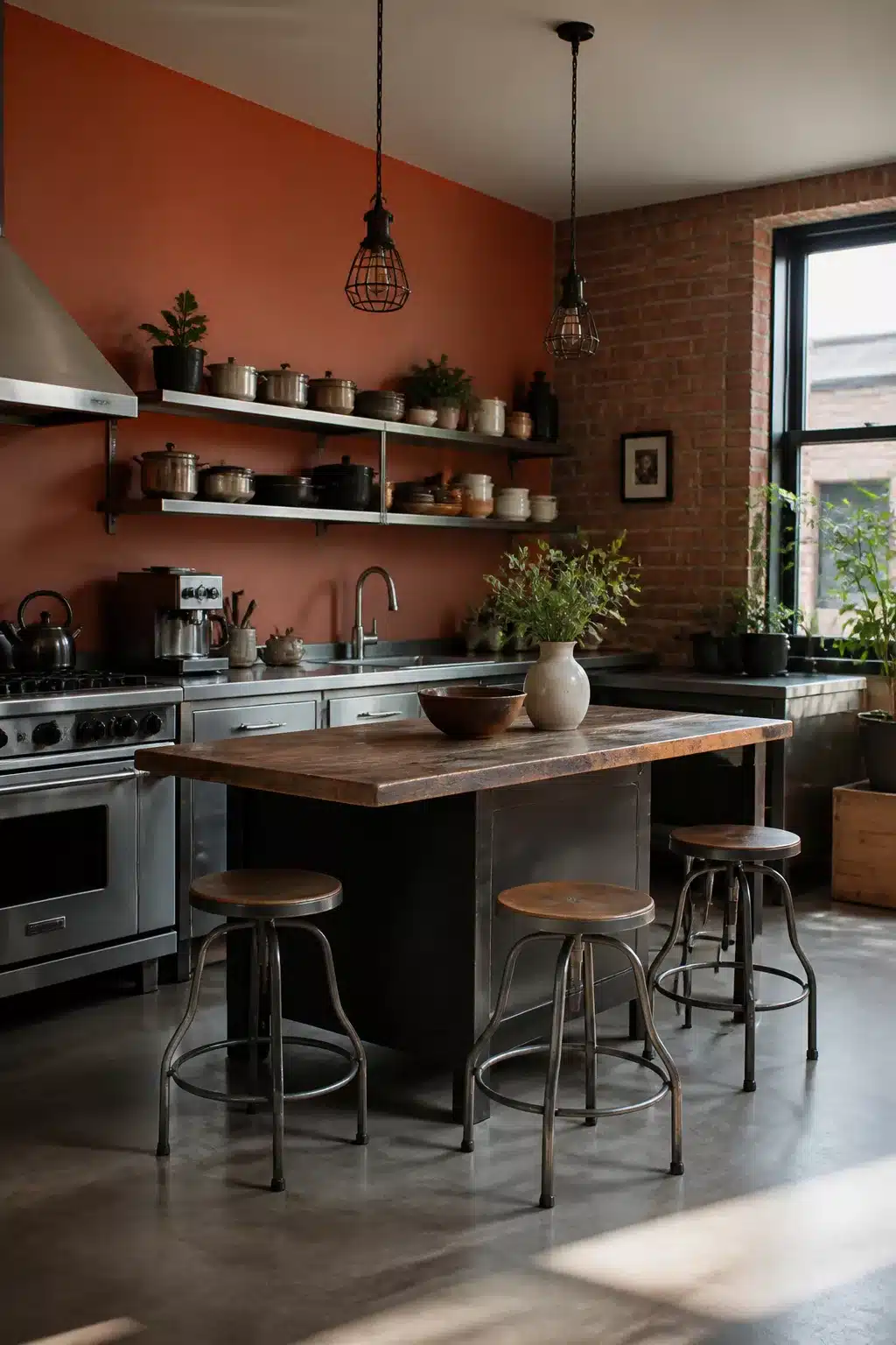 Industrial terracotta kitchen walls with exposed brick, stainless shelving, reclaimed wood island, and cage pendant lights.