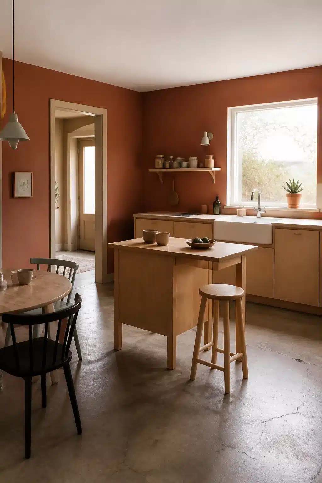 Terracotta kitchen walls with pale wood flat-front cabinets, butcher-block island, and polished concrete floor