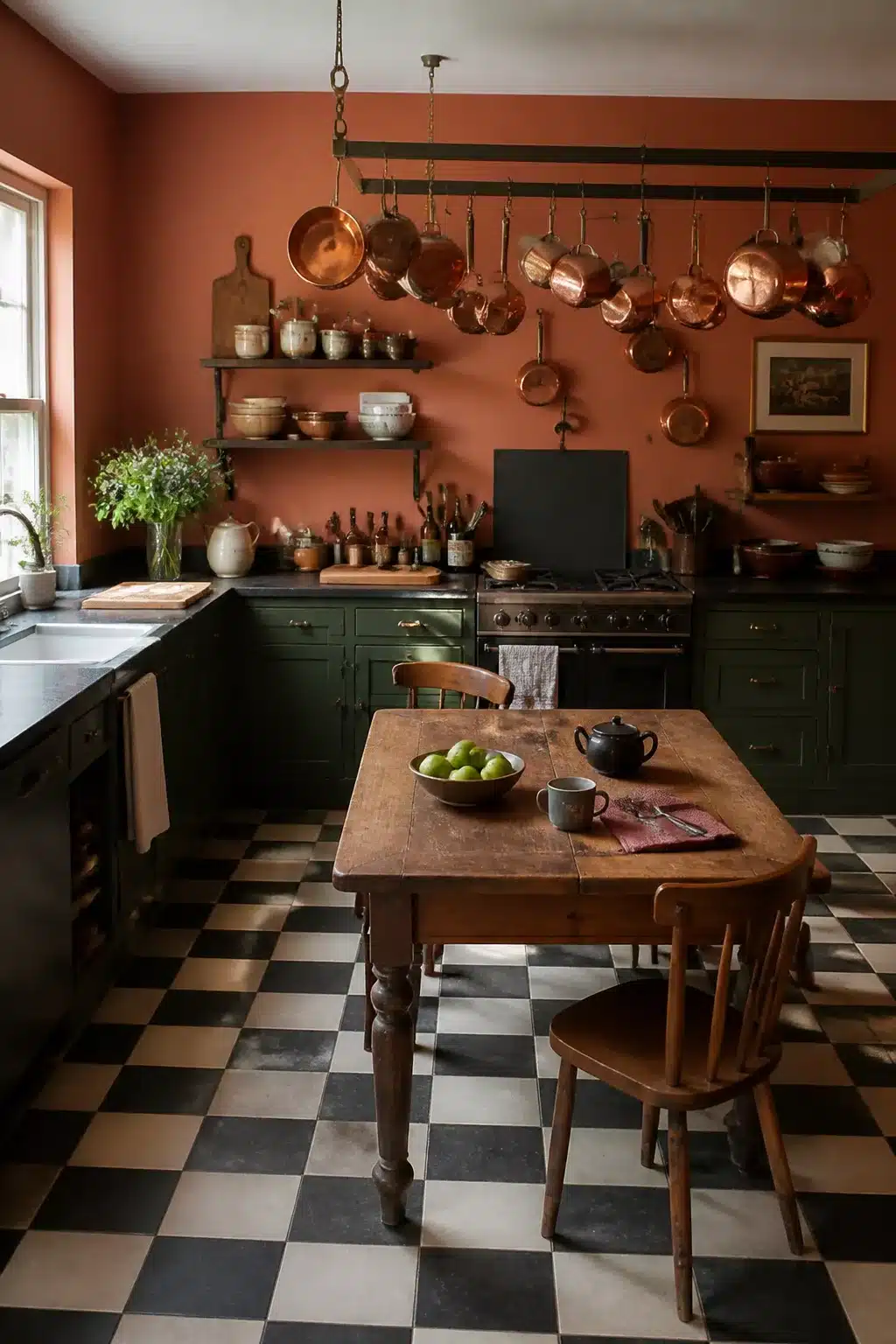 Terracotta kitchen walls with dark green cabinets, copper pans, and a black and cream checkered stone floor.