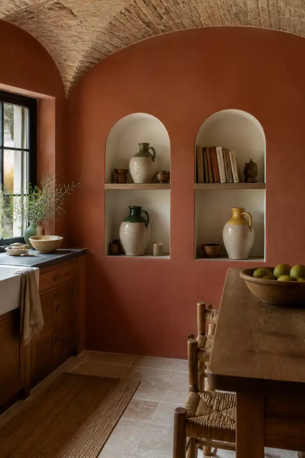 Terracotta kitchen walls with arched plaster niches, vaulted stone ceiling, ceramic pitchers, and rustic wood dining table.