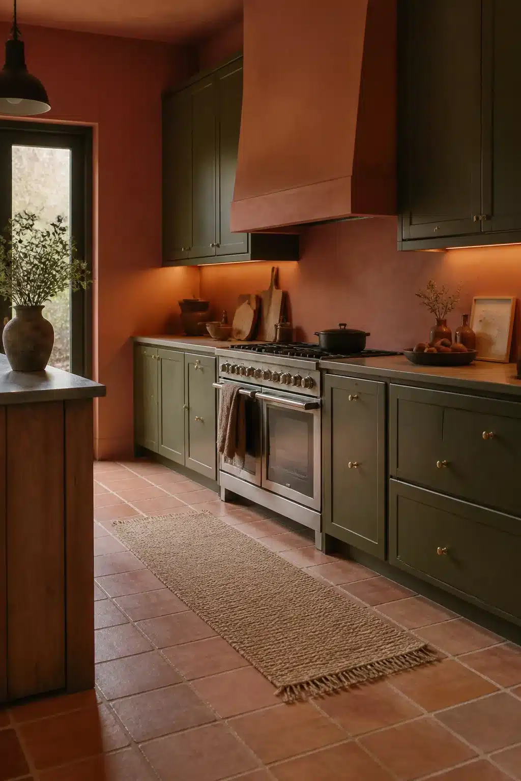 Terracotta kitchen walls with plastered range hood, olive green shaker cabinets, brass hardware, and terracotta tile floor.