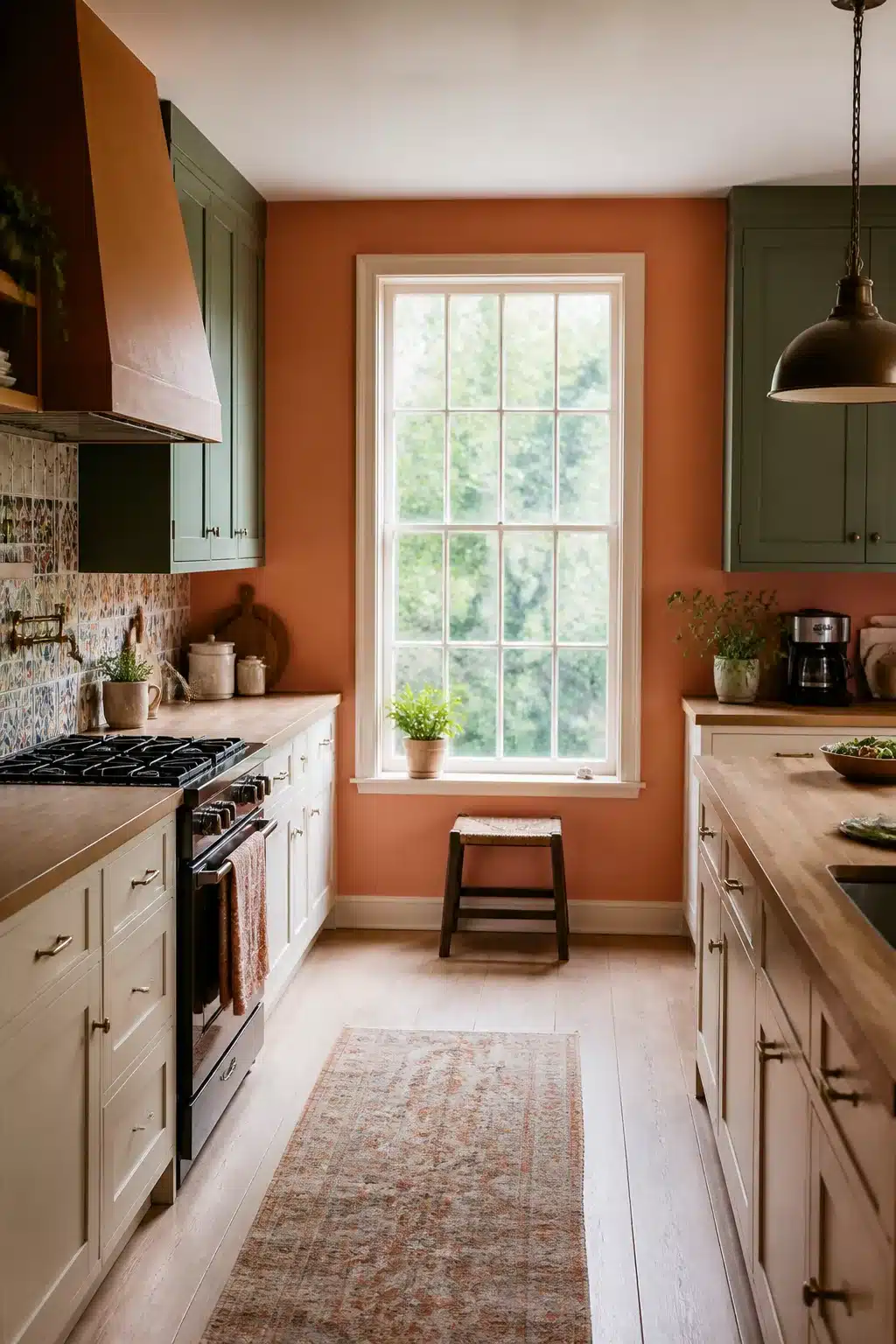Terracotta kitchen walls with sage green upper cabinets, cream lowers, wood countertops and a patterned tile backsplash.
