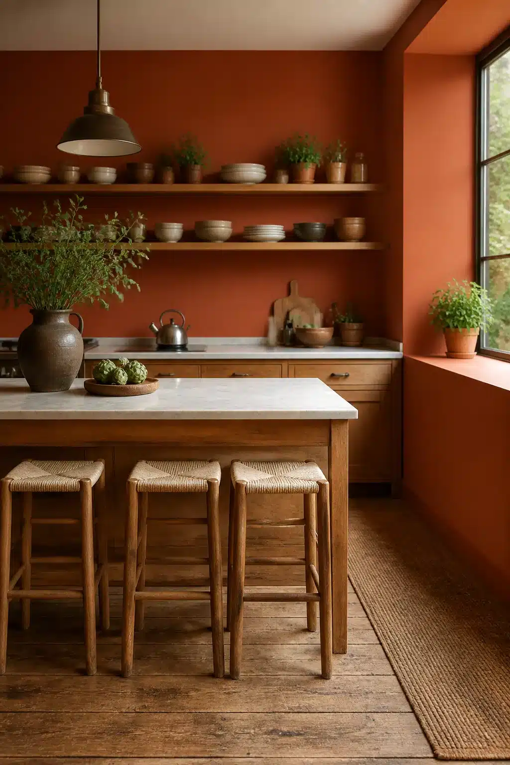 Terracotta kitchen walls with open timber shelving, wooden island, rattan stools, and earthy ceramic pots