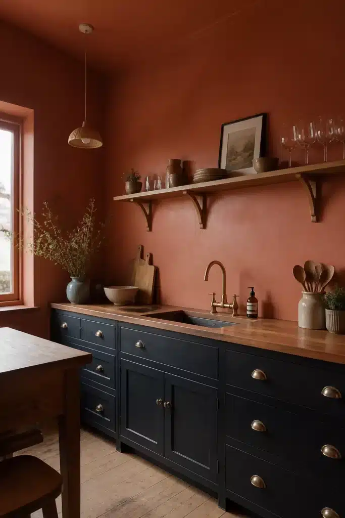 Dusty terracotta kitchen walls with navy shaker cabinets, brass hardware, and walnut countertop
