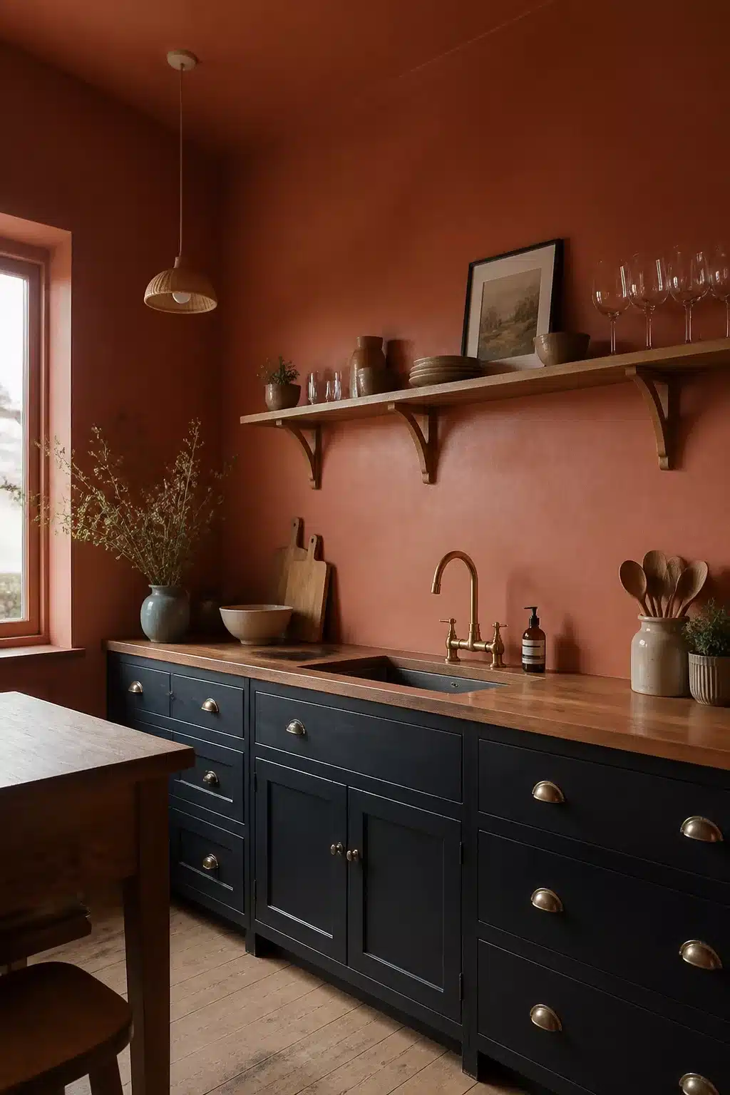 Dusty terracotta kitchen walls with navy shaker cabinets, brass hardware, and walnut countertop