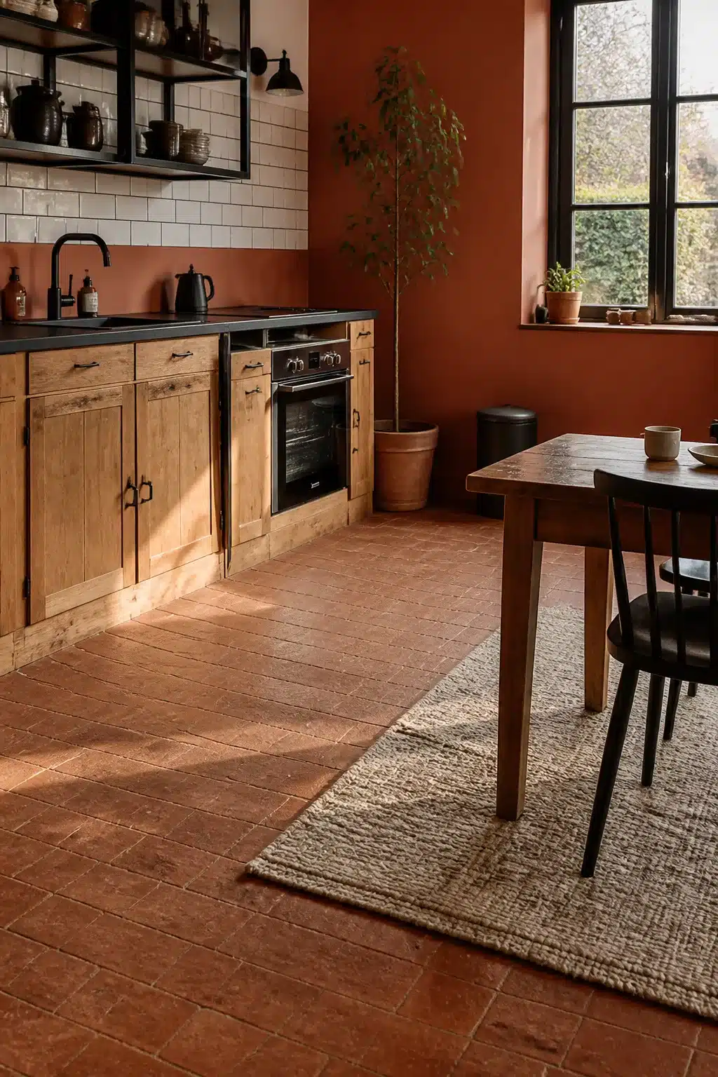 Terracotta kitchen walls with white subway tile half-wall, wood cabinets, black hardware, and terracotta floor tiles.