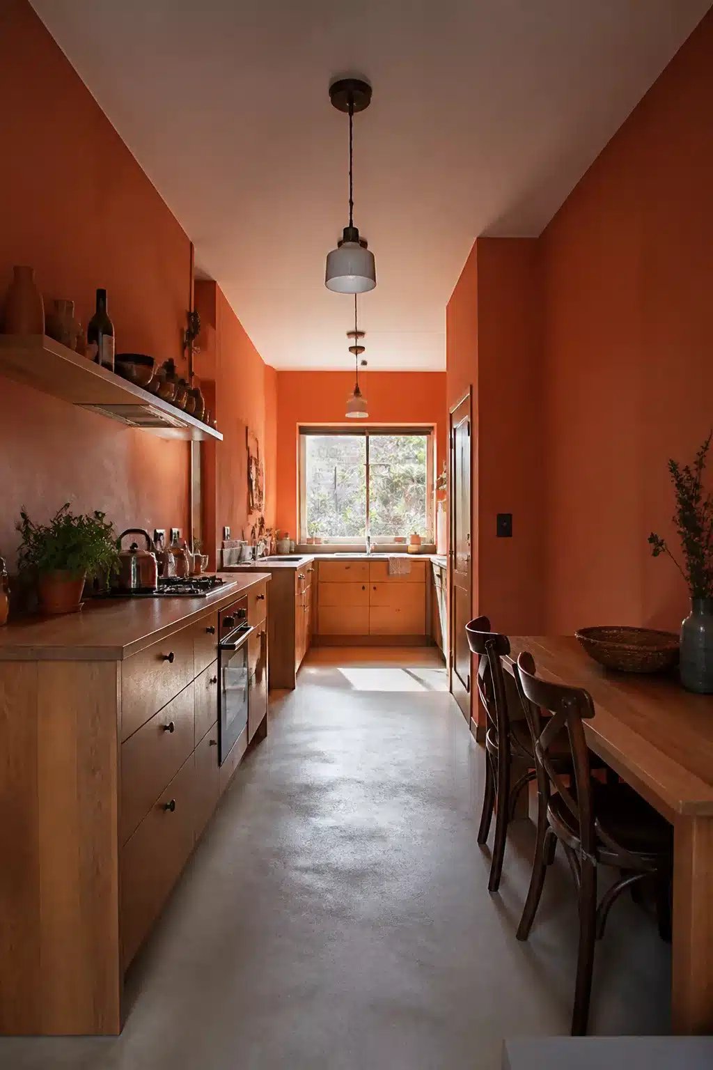 Terracotta kitchen walls in a galley layout with oak cabinetry, concrete floors, and pendant lighting