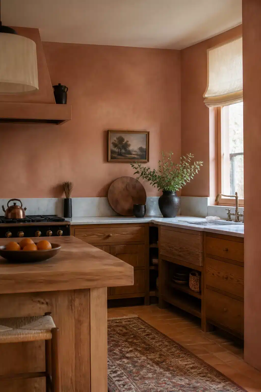 Pale terracotta kitchen walls with limewash texture, marble counters, oak cabinets, and a butcher block island.