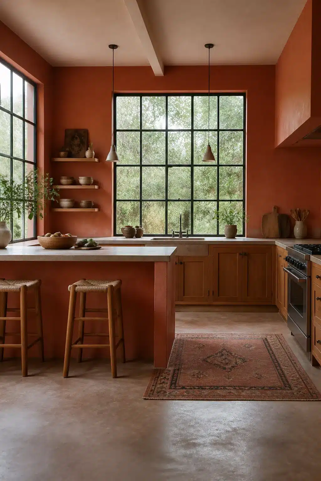 Terracotta kitchen walls with black steel-framed windows, concrete island, wood cabinets, and Persian rug
