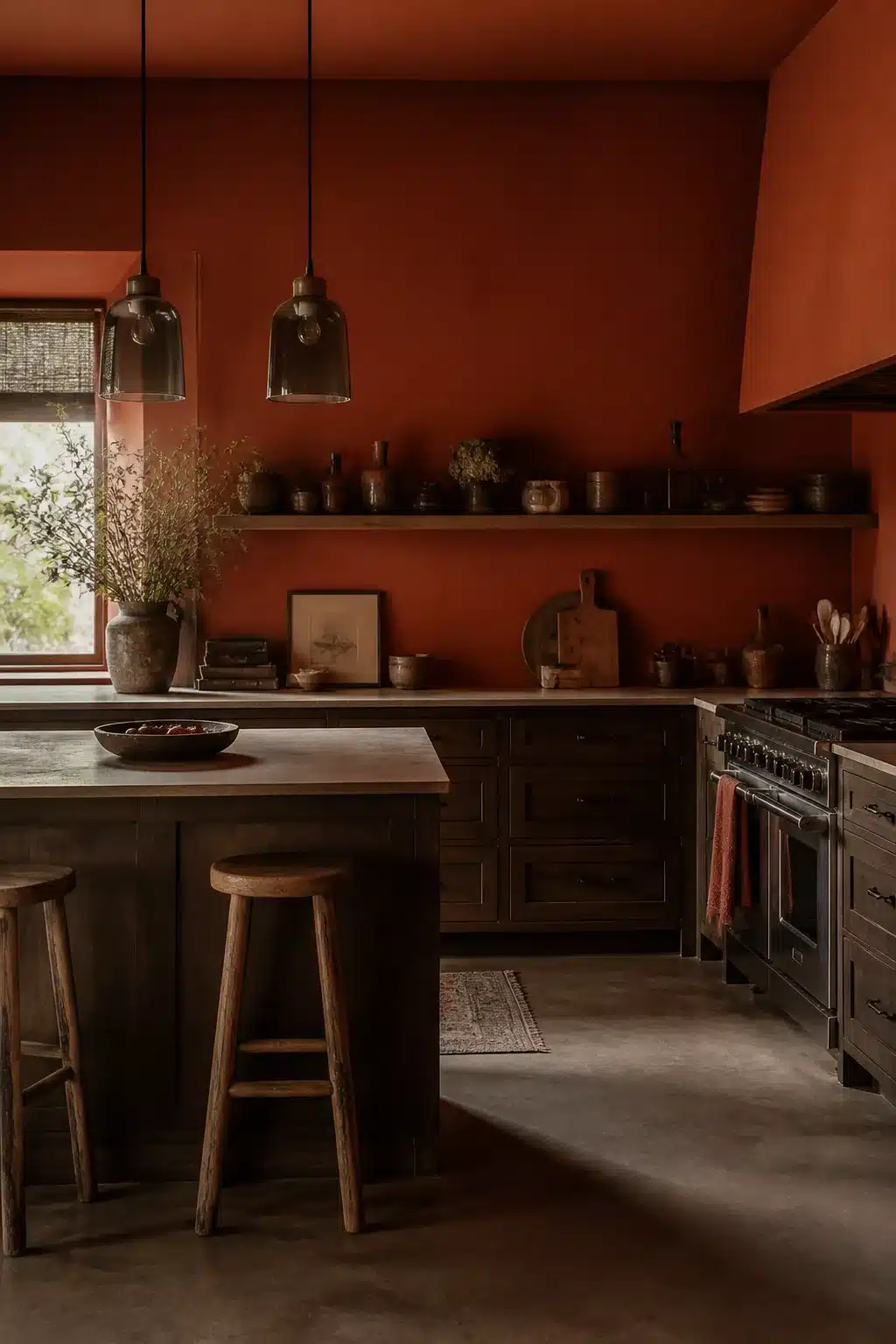 Deep rust terracotta kitchen walls with dark wood cabinets, concrete floor, and open wood shelving.
