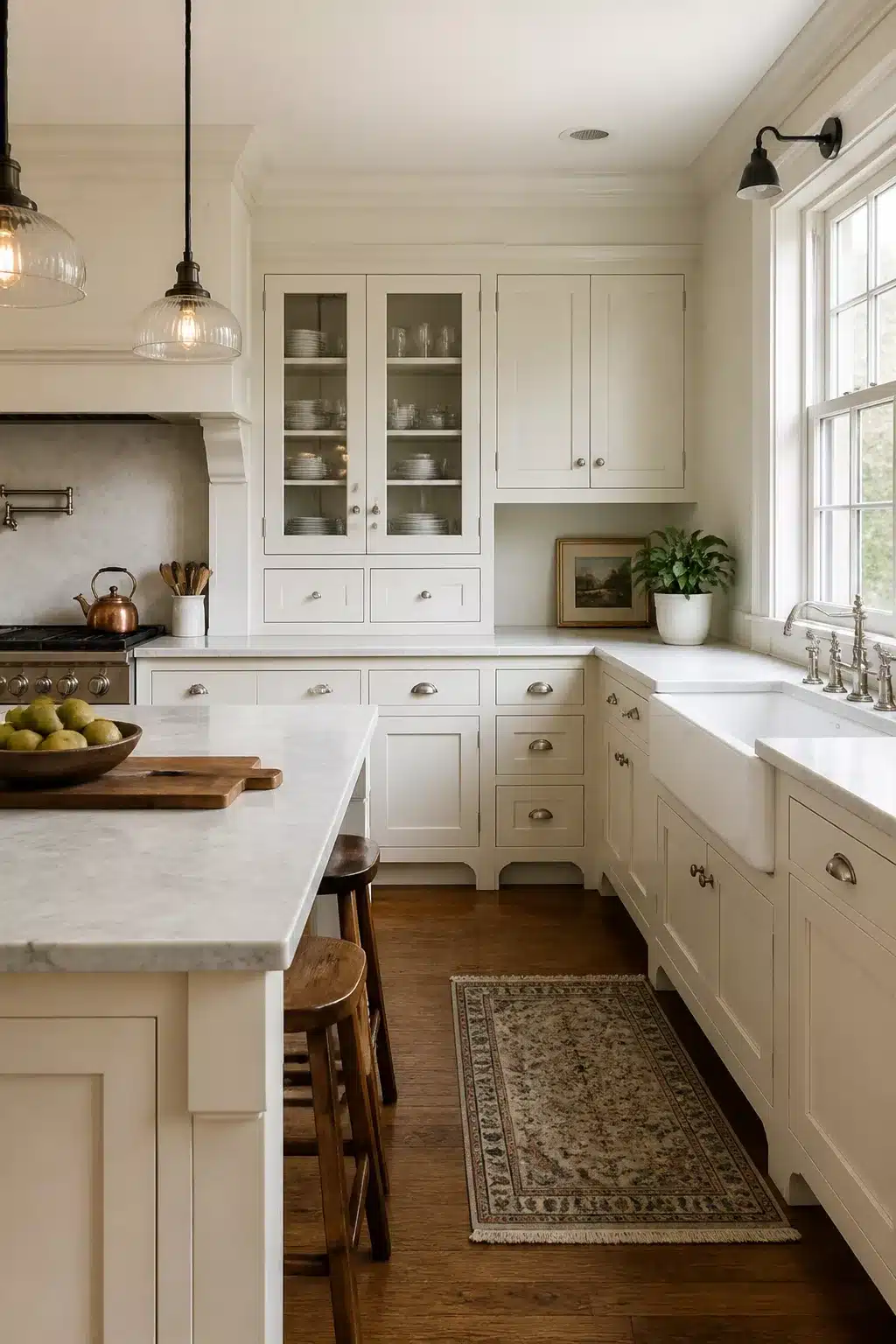 Cream shaker cabinets with marble countertops in a traditional kitchen design with farmhouse sink and hardwood floors