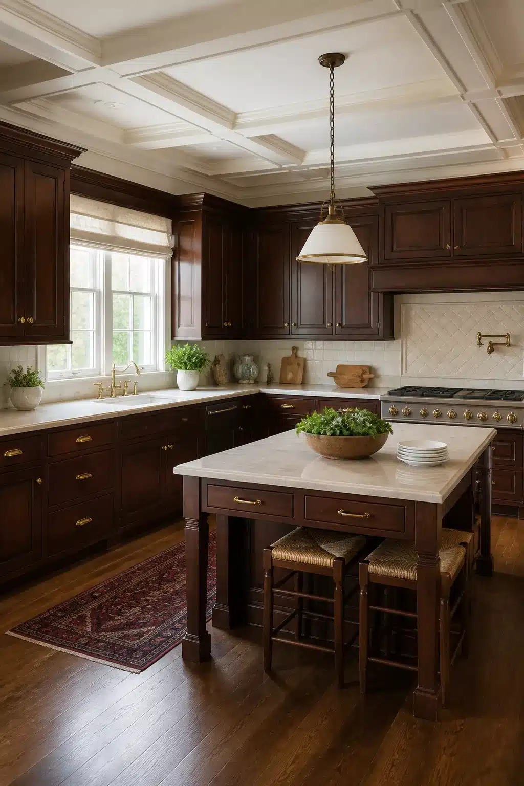 Dark mahogany cabinetry with cream stone island in a traditional kitchen design with coffered ceiling and brass hardware