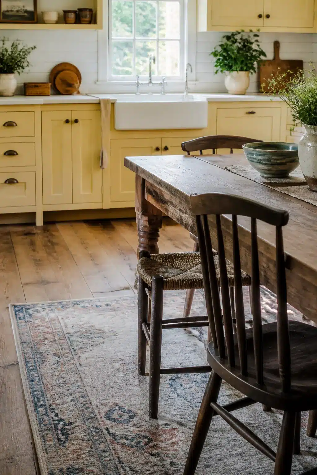 Butter yellow shaker cabinets with farmhouse sink in a traditional kitchen design with reclaimed wood table