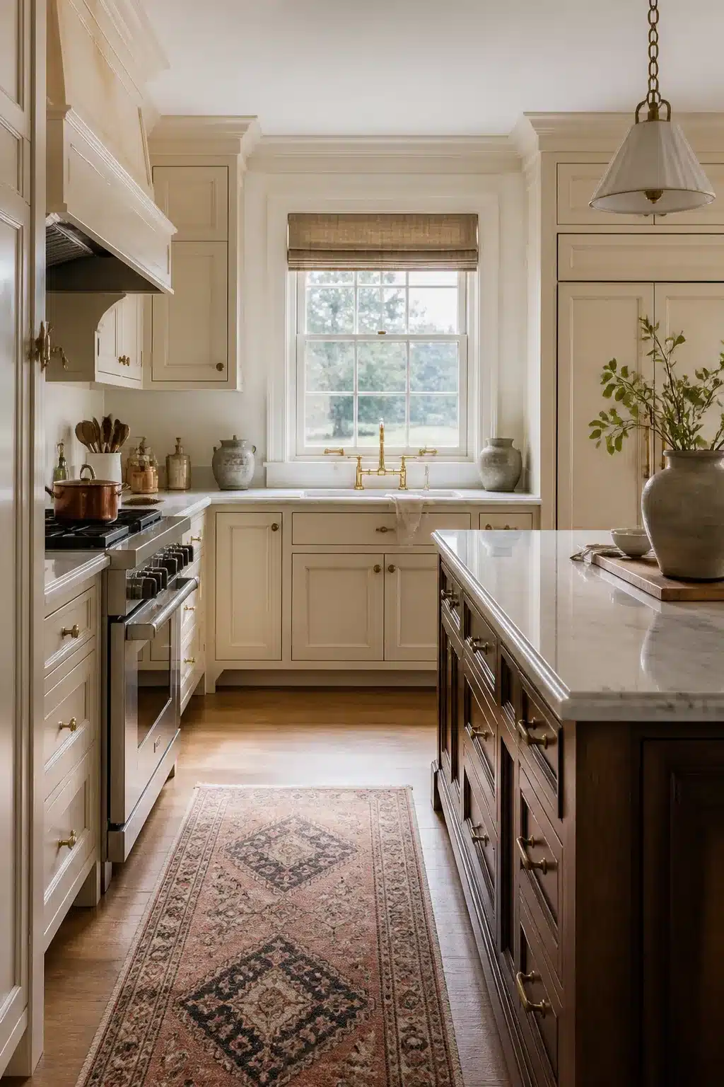 Traditional kitchen design with paneled refrigerator, ivory cabinetry, dark contrasting island, brass hardware, and Persian runner rug.